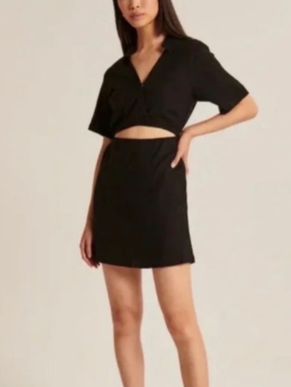 Abercrombie & Fitch Black Linen Blend Short-Sleeve Cutout Tie-Waist Dress